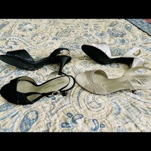 Pair of satin open toe heels. Sz 8 black & silver